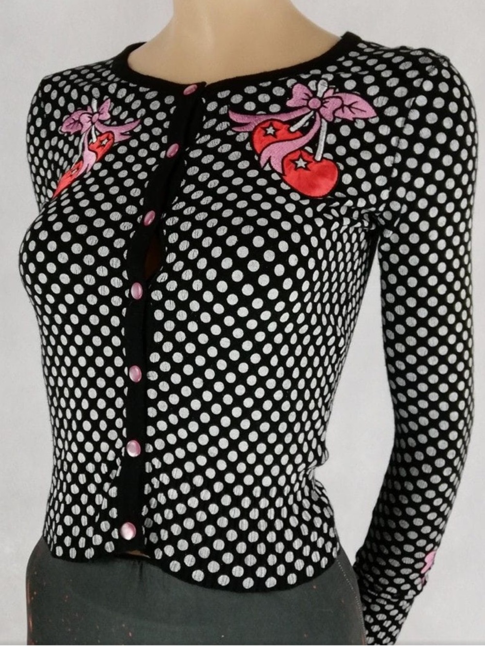 Too Fast Black Polka Dot button Cardigan with Red Cherry bow Embroidered Patches